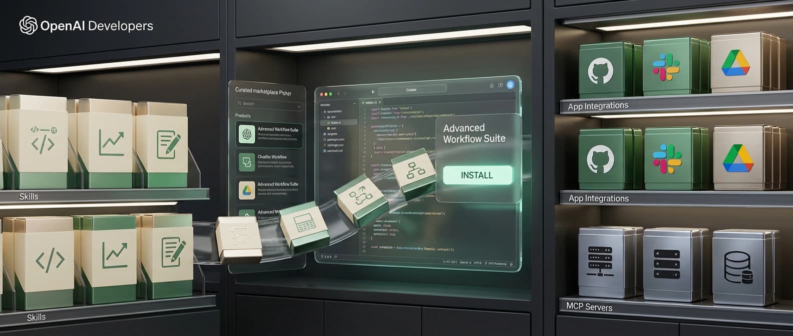 Editorial illustration of the Codex plugin directory as a premium install surface, with packaged workflow bundles for skills, apps, and MCP servers arranged like curated software products.