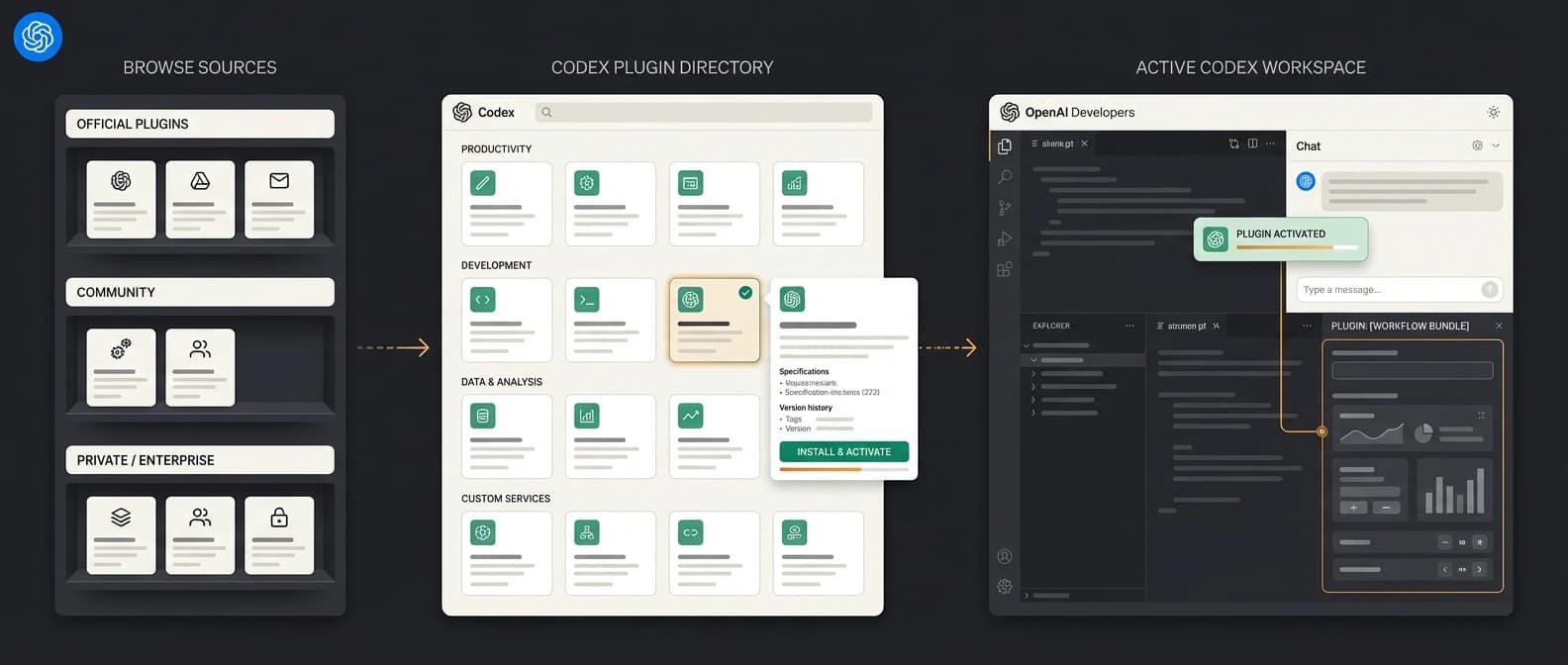 Editorial diagram of the Codex plugin directory as a curated install surface, with plugin cards for skills, app integrations, and MCP servers flowing into one Codex workspace.