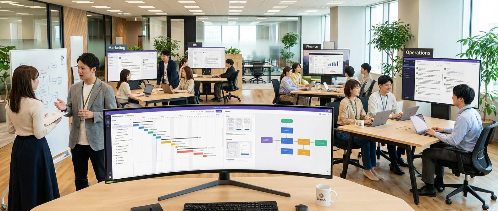 Editorial illustration of a company-wide AI rollout showing ChatGPT Enterprise across departments with Codex supporting design review, documentation, and implementation planning.