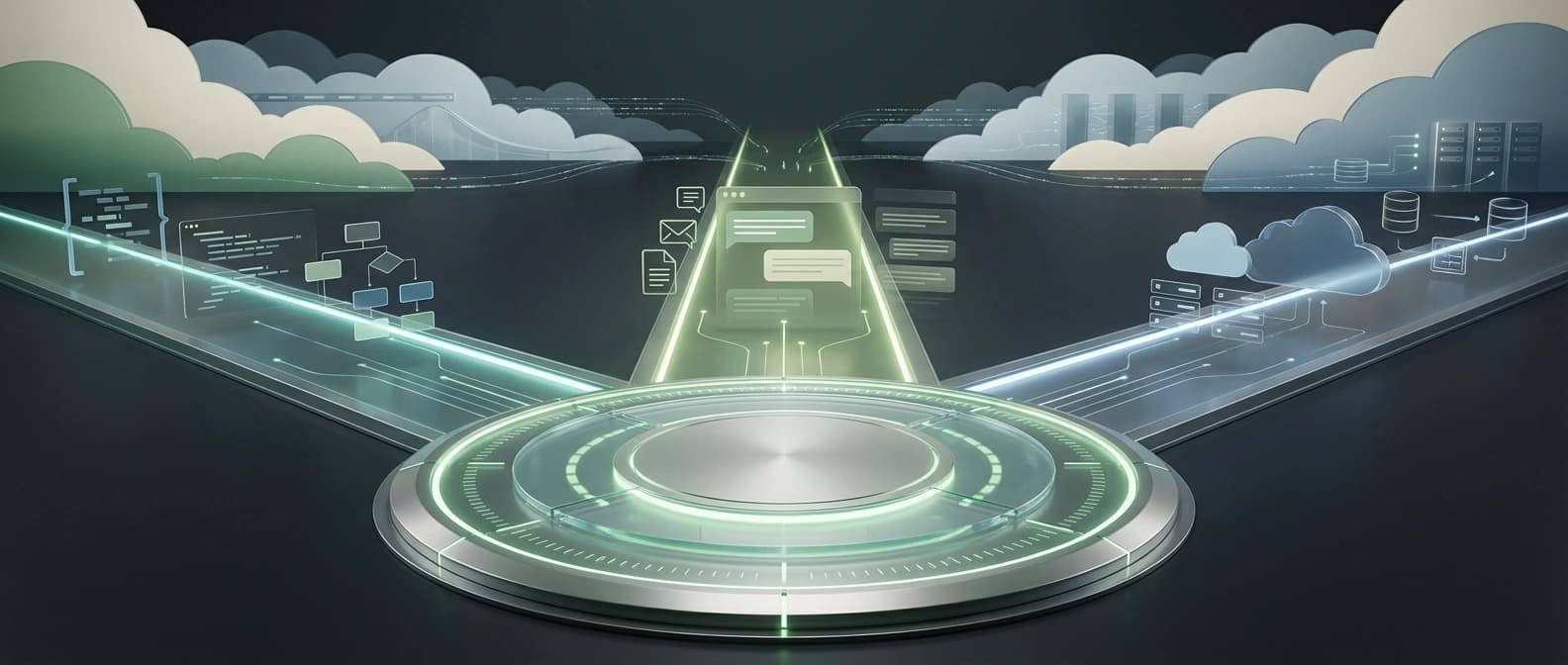 Editorial illustration of an enterprise AI control floor where a central OpenAI operating layer routes context, permissions, and work between ChatGPT Enterprise, Codex, and AWS-backed runtime lanes.