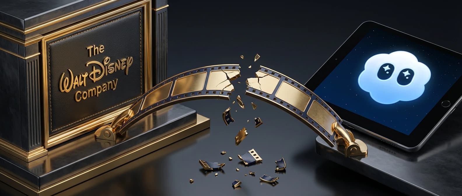 A Disney-branded plaque and the Sora app icon connected by a gold film bridge that breaks in the middle.