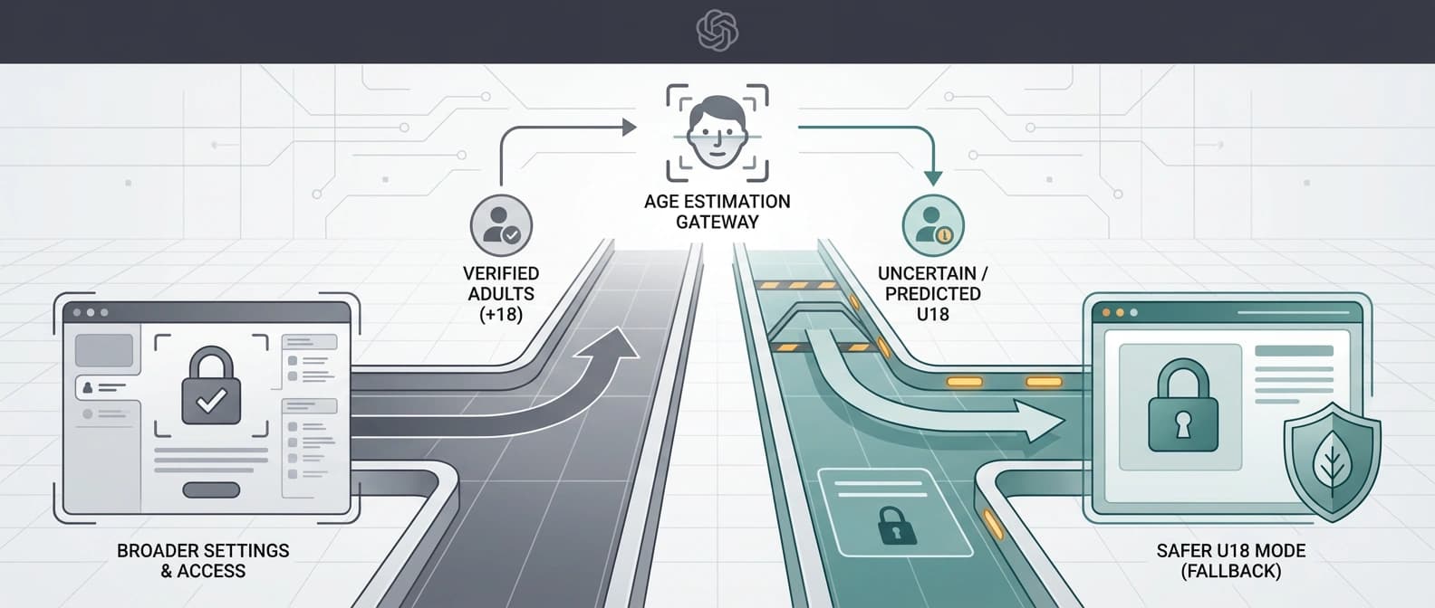 Editorial explainer image of an age-estimation gateway routing uncertain users into a safer under-18 ChatGPT mode unless they verify adulthood.