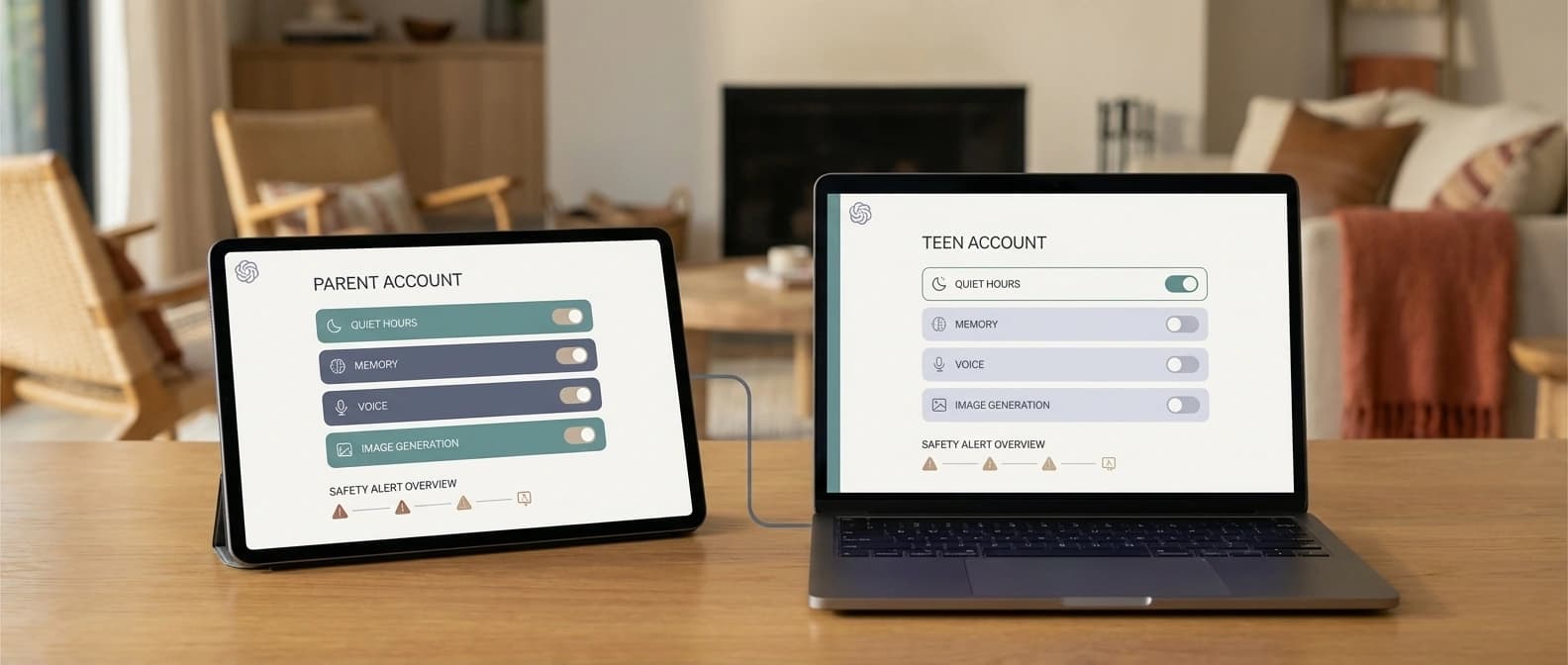 Editorial illustration of linked parent and teen ChatGPT accounts with quiet hours, feature toggles, and limited self-harm alert pathways.