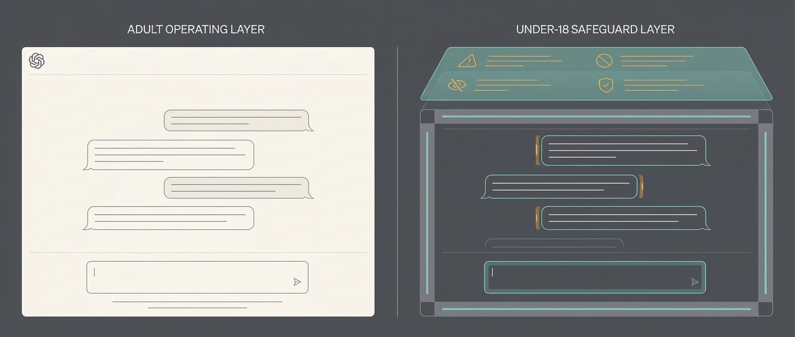 Editorial illustration of ChatGPT split into adult and under-18 behavior lanes, with the teen side boxed in by stronger safety rails and a visible model-policy layer.