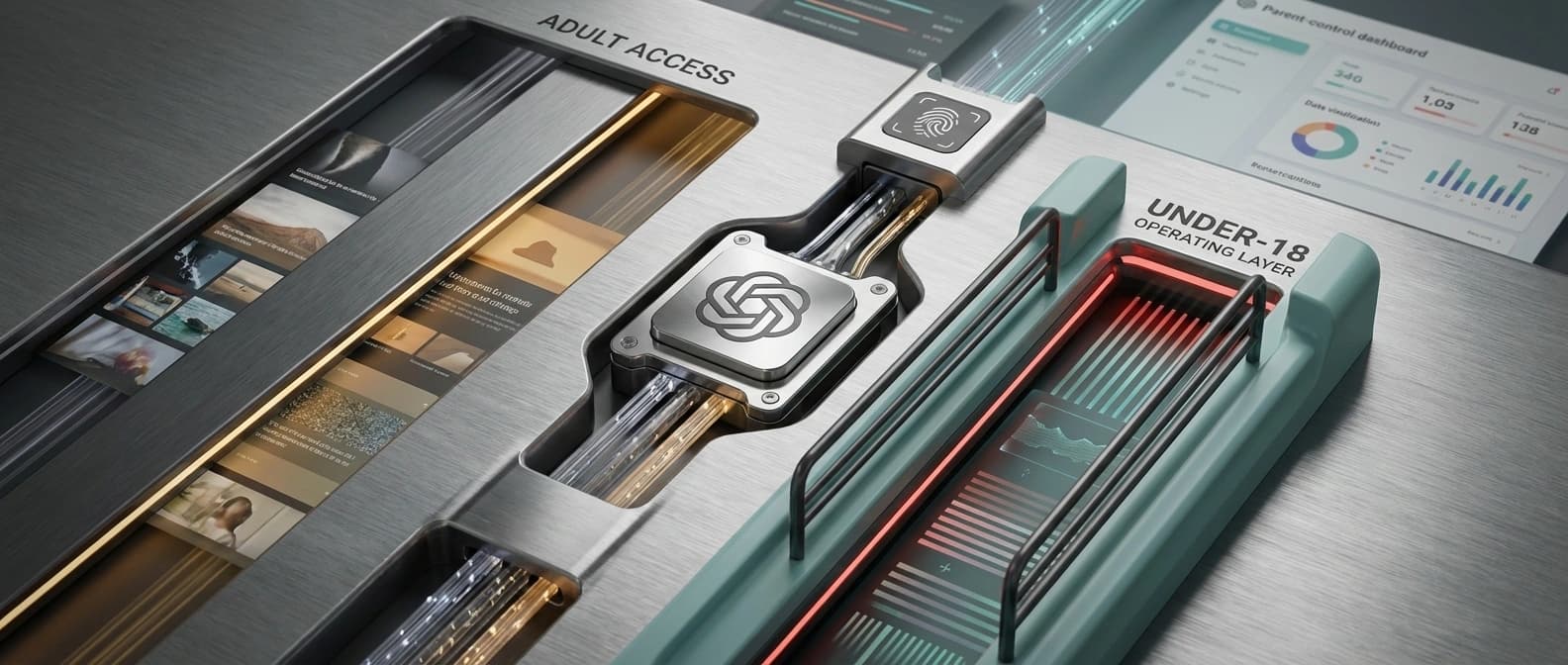 Editorial illustration of a split ChatGPT-style interface where an adult lane stays open while an under-18 lane is surrounded by tighter safety rails, age checks, and parent-control surfaces.