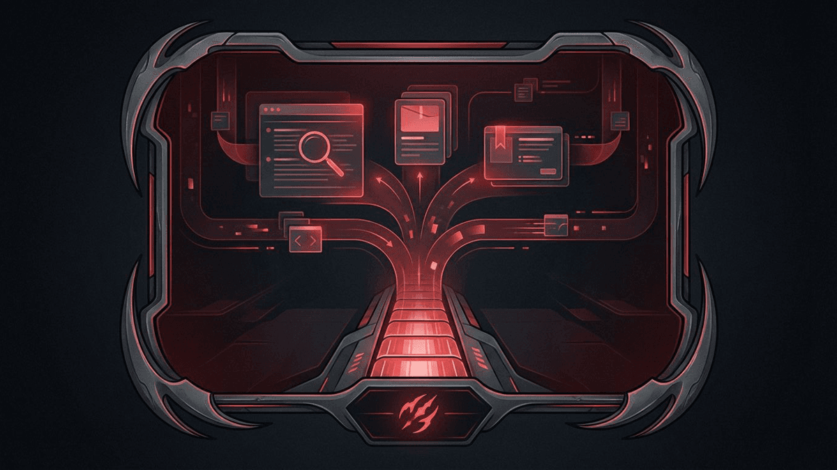 Editorial concept image of a red command surface and package cards collapsing into a single install lane with update metadata attached.