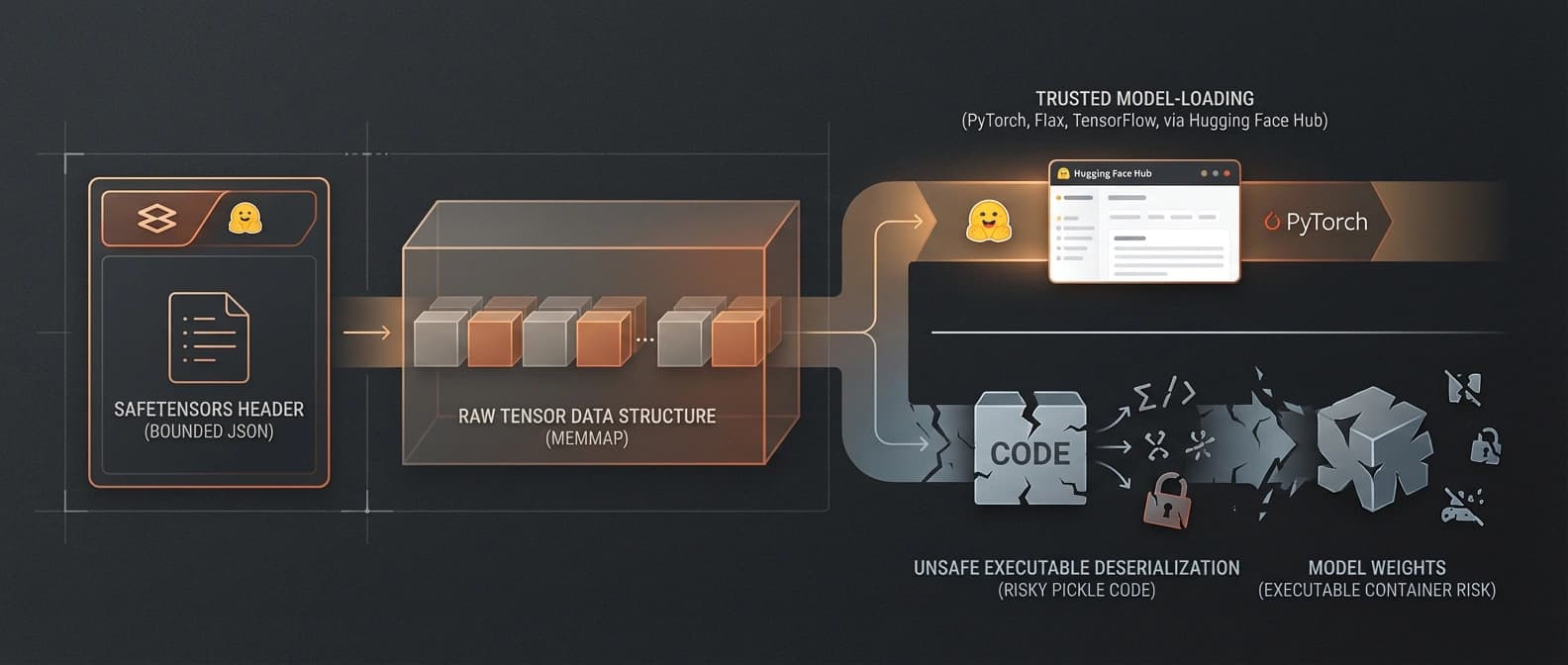 Editorial diagram showing the Safetensors format as a simple secure weight container with a bounded header and raw tensor data feeding directly into open model loading workflows.