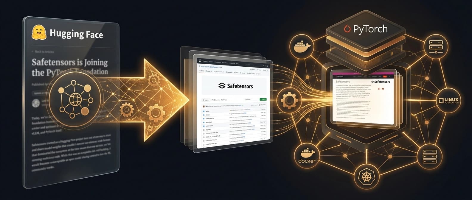 Editorial diagram showing Safetensors moving from a single-company origin into a wider PyTorch Foundation stack shared with adjacent open-source AI infrastructure projects.