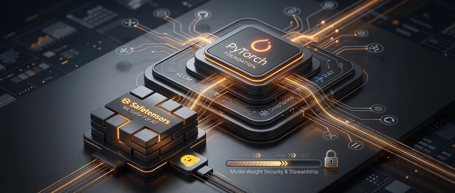 Editorial illustration of Safetensors moving from Hugging Face into the PyTorch Foundation, with model-weight blocks, governance cues, and open-source infrastructure in one frame.