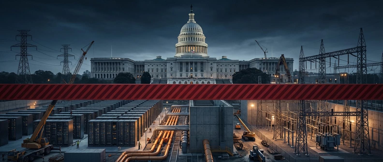 An editorial illustration of the U.S. Capitol above a red barrier, with server halls, substations, cranes, and power lines crowding the frame.