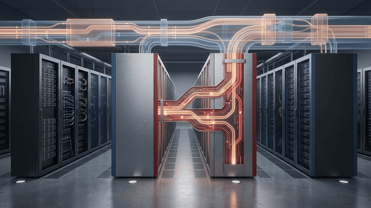 Editorial illustration of a portable attention layer spanning several GPU rack lanes, with one AMD ROCm path showing extra acceleration inside the shared inference stack.