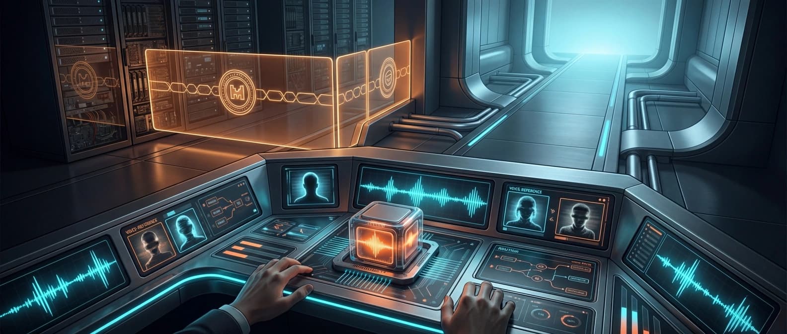 Editorial illustration of a voice-agent control stack split between open model weights, waveform tools, and a bright legal footnote hovering over the deployment lane.
