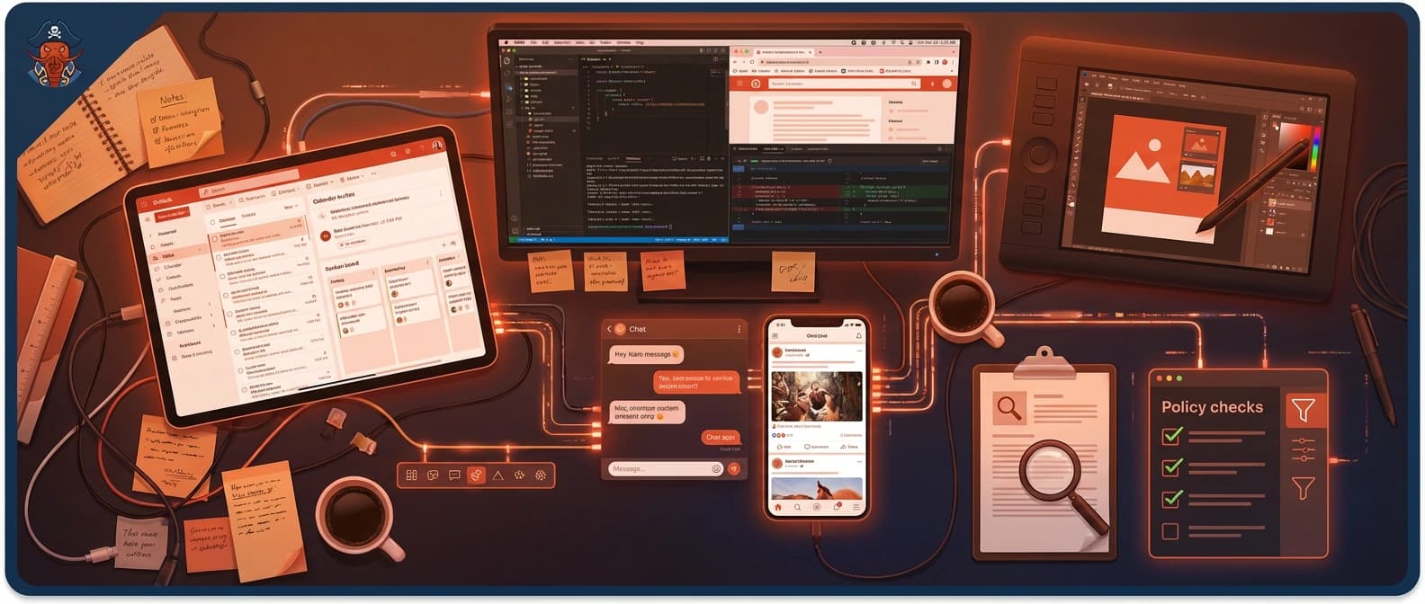 Editorial map of WildClawBench task categories across productivity, coding, search, social interaction, creative synthesis, and safety, framed as one messy OpenClaw workflow surface.