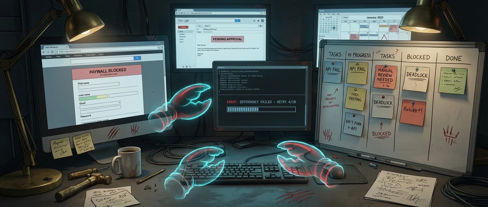 Editorial illustration of frontier AI agents moving through a cluttered OpenClaw workbench filled with browser tabs, shell panes, files, email threads, and a stubborn halfway-complete task board.