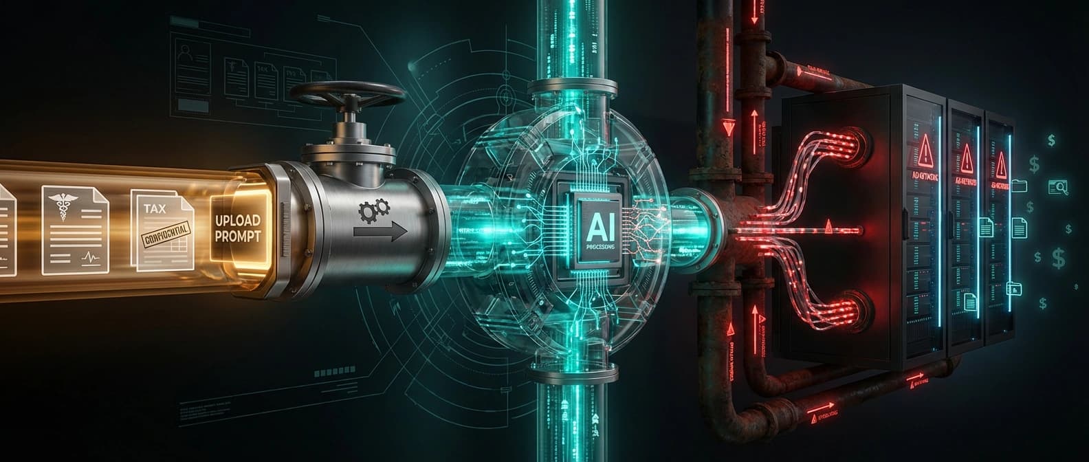 Editorial diagram showing sensitive uploaded documents flowing through an AI engine and leaking through hidden tracker pipes into ad-network servers.
