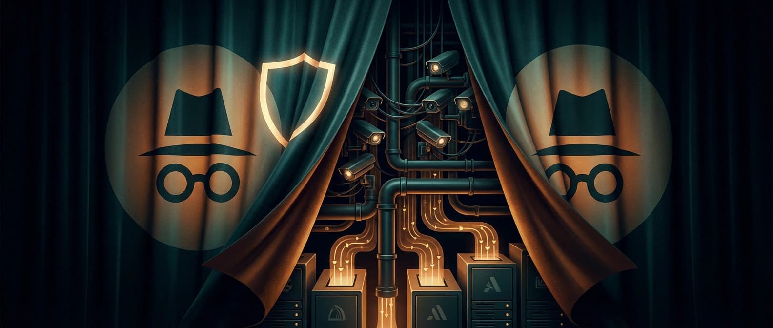 Editorial illustration of a privacy mask being pulled back to reveal surveillance cameras and data pipes underneath, symbolizing Incognito Mode as theater.