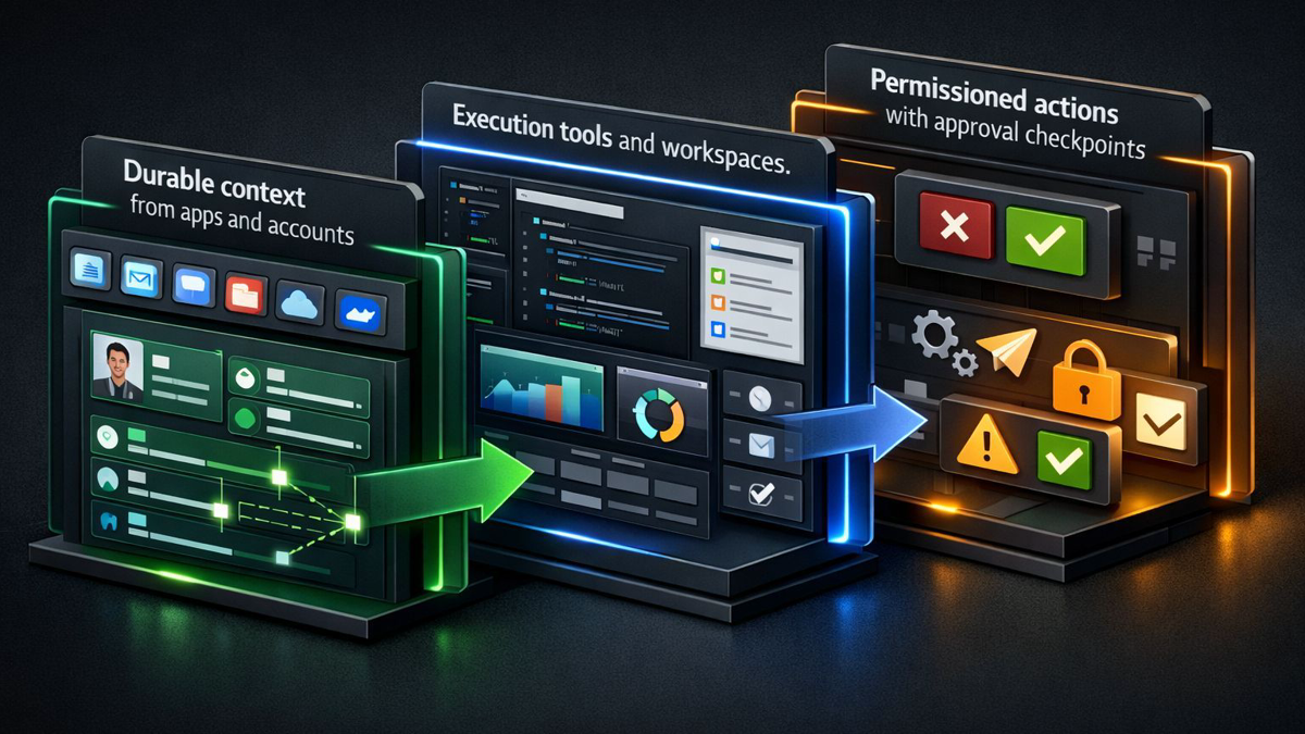 Editorial diagram showing three layers of an action-oriented AI stack: context, tools, and permissioned execution.