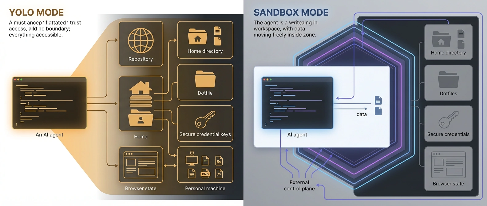 An editorial comparison of a coding agent with unrestricted filesystem access versus the same agent confined to a writable repo workspace while the broader machine stays sealed behind policy barriers.