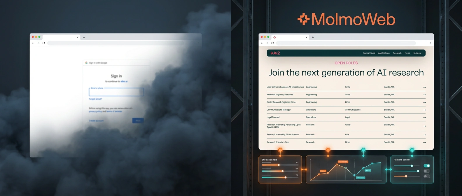 A split editorial figure contrasting a sealed browser-agent service with MolmoWeb's exposed self-hosted stack.