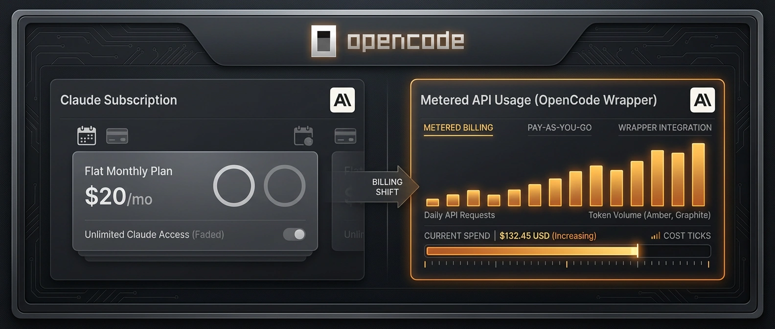 An editorial diagram-style illustration contrasting a flat Claude subscription card with metered Anthropic API usage inside a third-party tool.