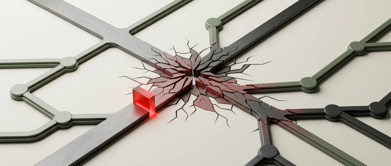 Editorial illustration of a government procurement lane where one AI vendor route is being blacklisted across contractors while rival paths remain open.