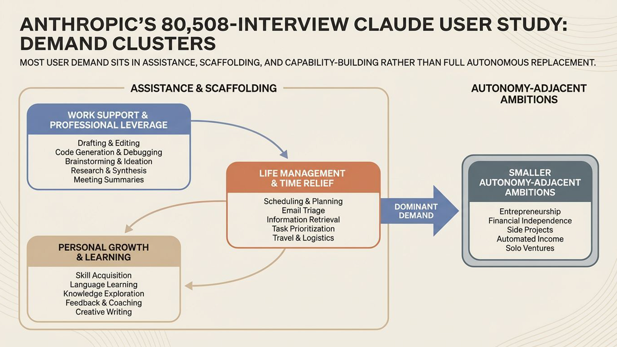 Editorial diagram grouping Anthropic’s top user hopes into work support, life management, personal growth, and smaller autonomy-adjacent buckets.