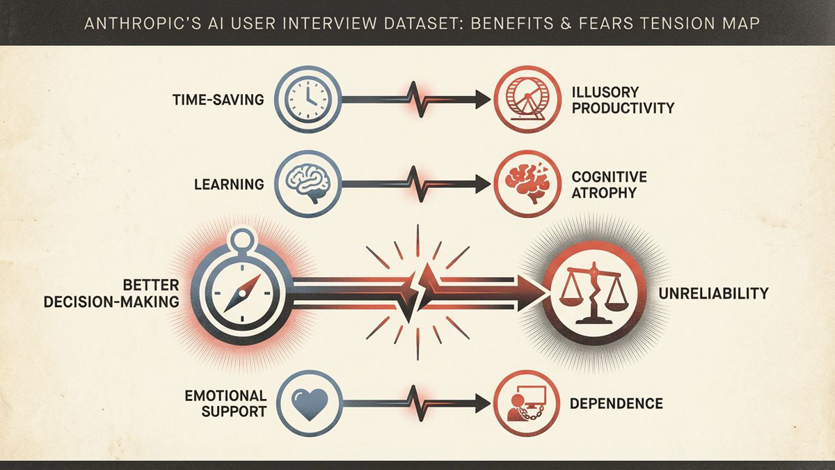 Editorial chart pairing AI benefits such as time-saving, learning, and better decisions with related worries like illusory productivity, cognitive atrophy, and unreliability.