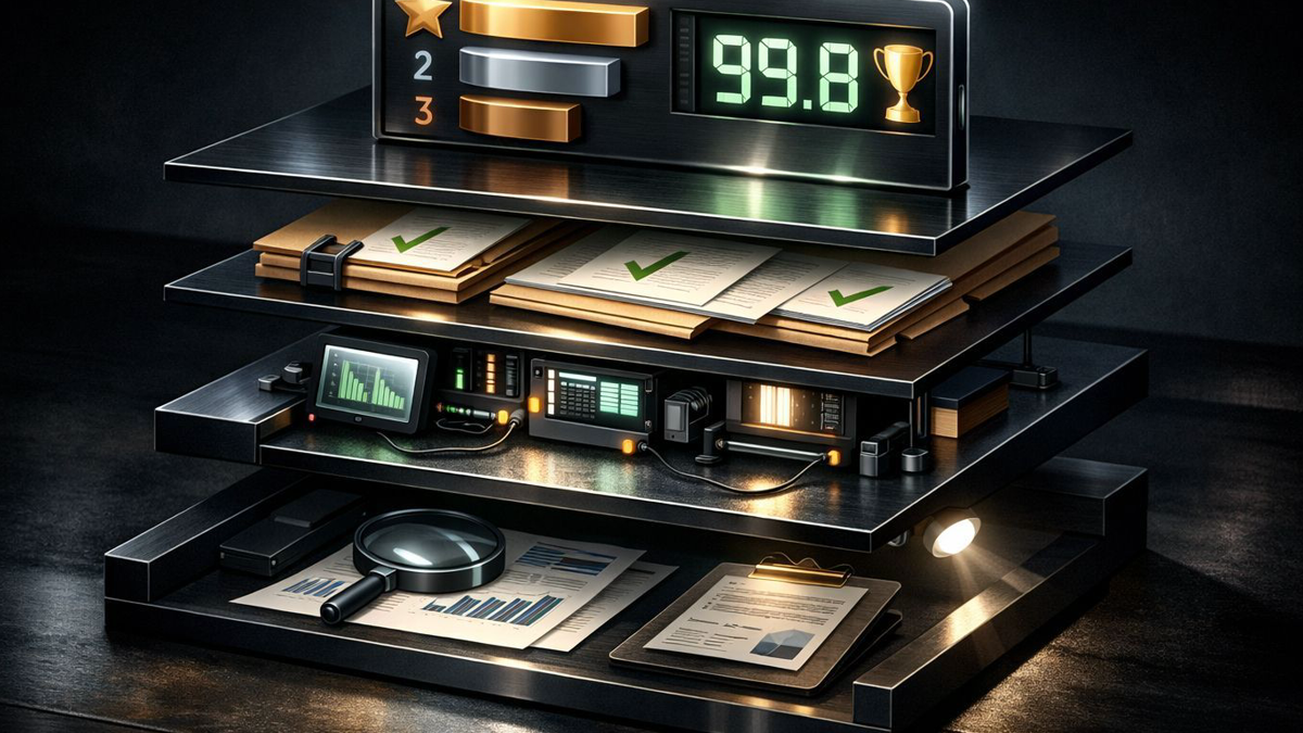 Diagram showing benchmark trust as a stack with headline signal on one side and deeper checks like reproducibility, deployment fit, and incentives on the other.