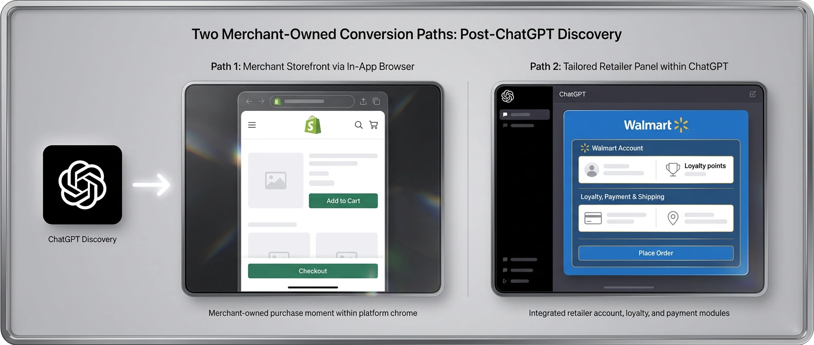 A conceptual comparison of two merchant handoff paths: a Shopify-style store checkout and a Walmart-style in-ChatGPT app environment.