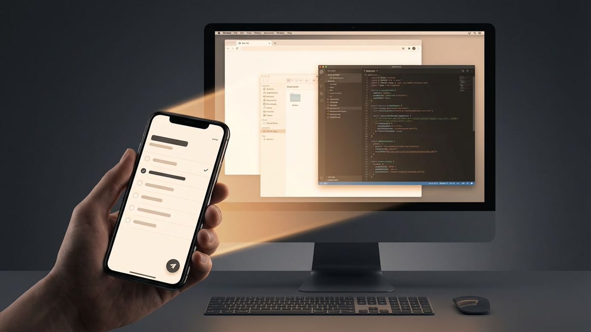 Editorial figure showing a phone dispatch thread handing work into a Claude Code desktop session with the browser, IDE, and local files behind it.