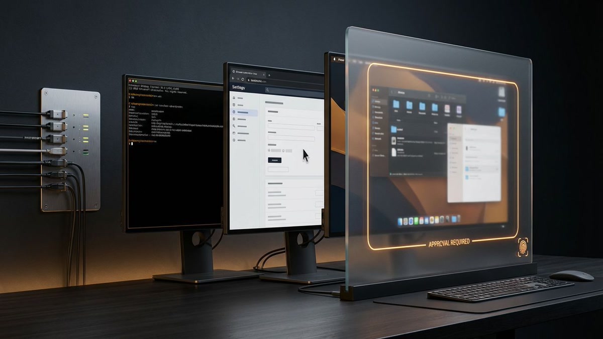 Editorial figure showing connectors, terminal tools, browser automation, and computer use arranged as a descending tool ladder behind an approval boundary.