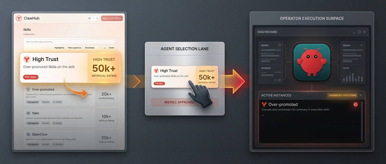 An editorial diagram showing an OpenClaw agent choosing the top-ranked skill from marketplace results and then executing it on a workstation.