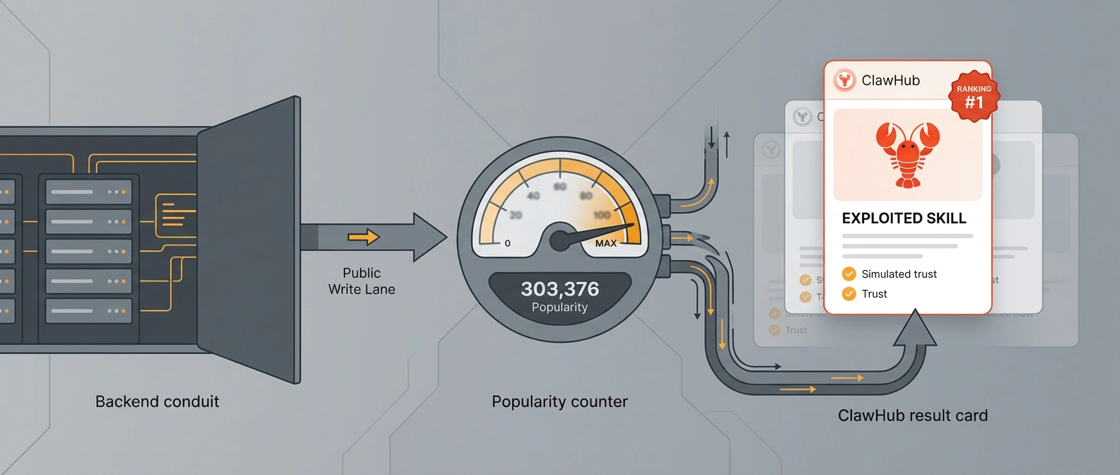 An editorial diagram showing a public backend mutation inflating a skill's download count until the skill rises to the top of a marketplace search page.
