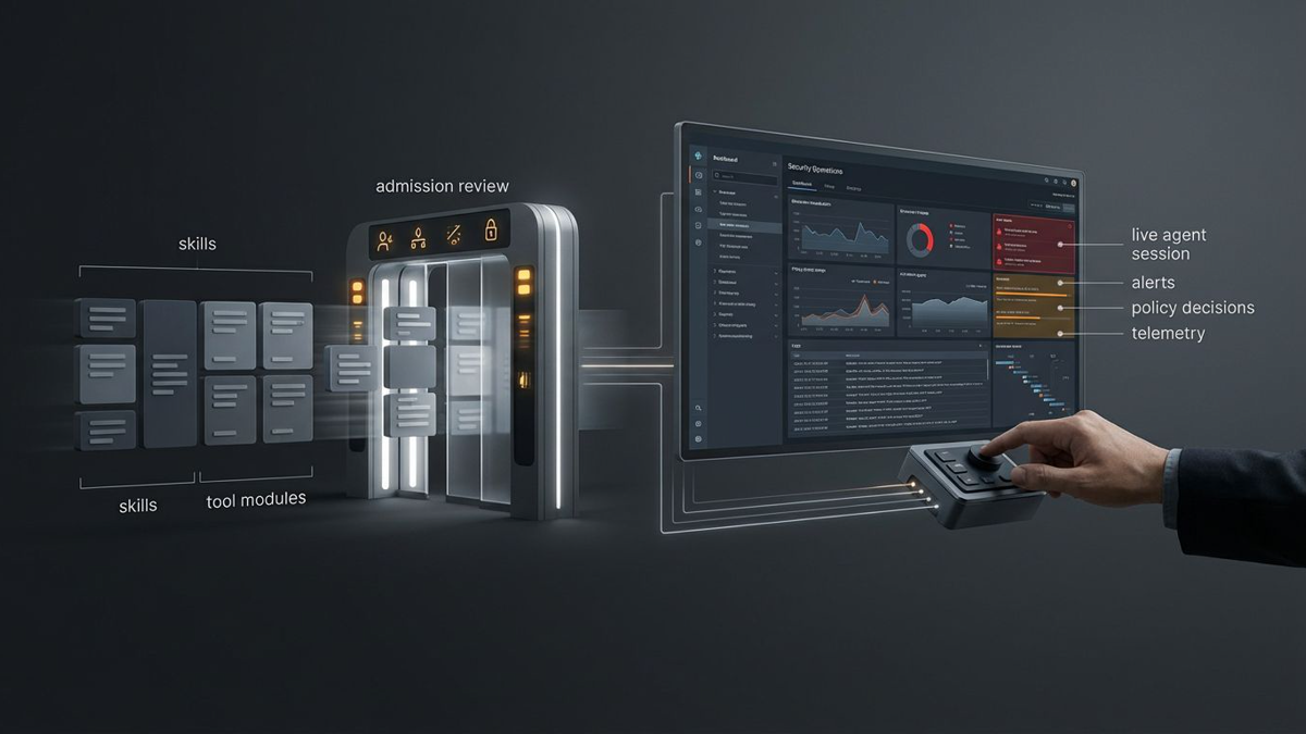 An operator dashboard view showing skills and MCP tools being scanned before admission while alerts stream from a running AI agent.