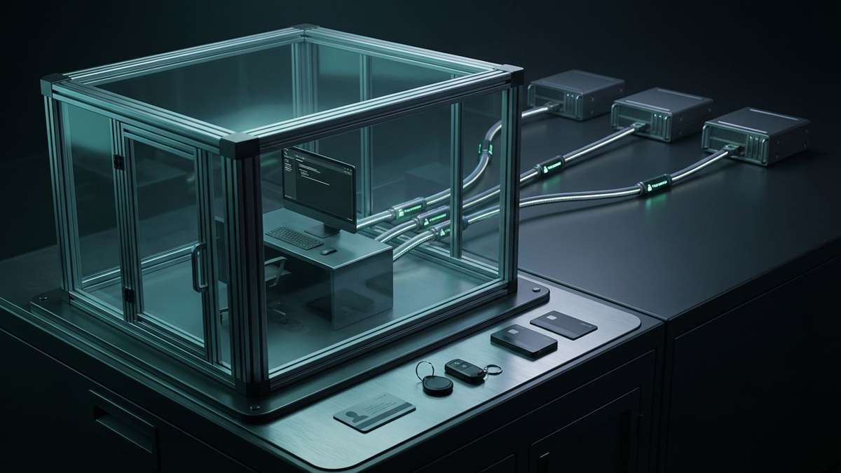 A layered editorial illustration showing an autonomous AI agent inside a sandbox, with policy controls around it and host systems outside the boundary.
