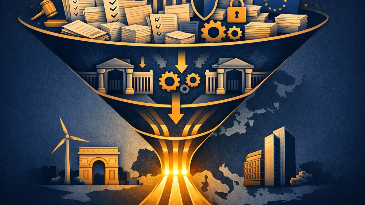 Diagram showing how AI regulation flows into compliance work, procurement frameworks, and eventual vendor advantage.