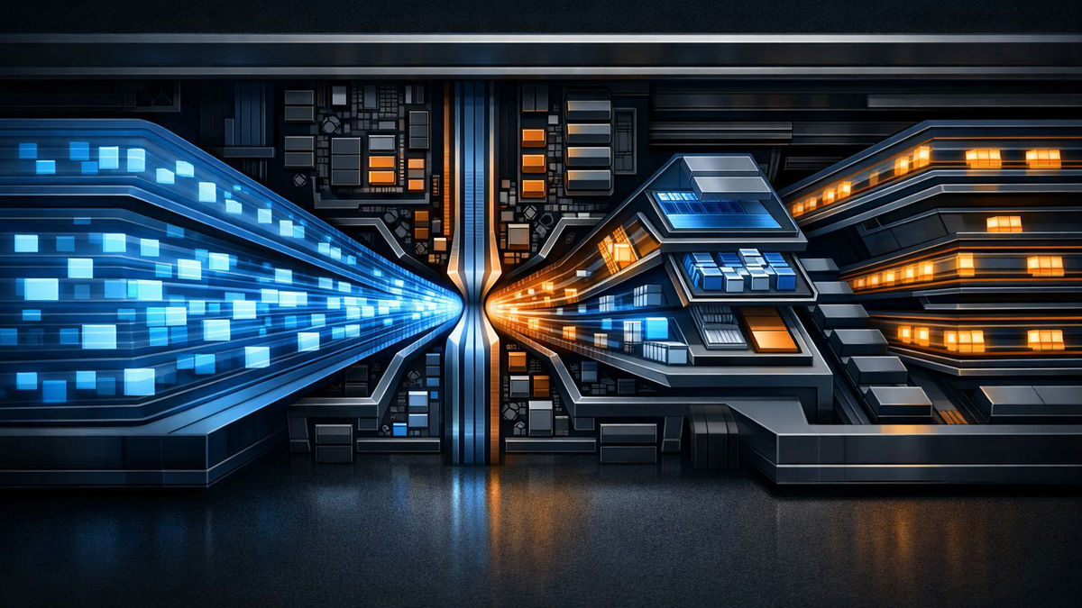 Editorial diagram showing wide tensor-compute lanes on Blackwell narrowing into shared-memory and softmax bottlenecks before a tuned attention pipeline restores flow.