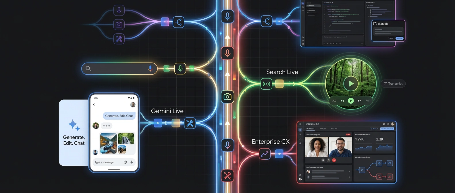 Editorial diagram-style illustration of one live interaction spine feeding AI Studio, Search Live, Gemini Live, and enterprise support lanes.