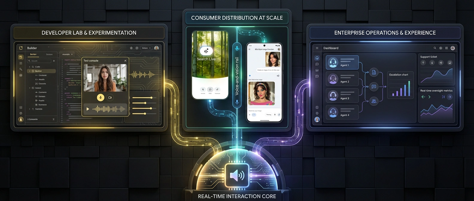 Editorial illustration of Gemini 3.1 Flash Live split across developer preview, consumer rollout, and enterprise customer-experience deployment.