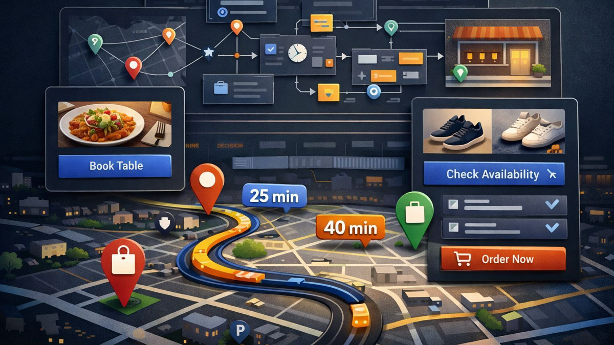 Editorial illustration of a location-aware agent flow combining map pins, commute context, and a business action layer.