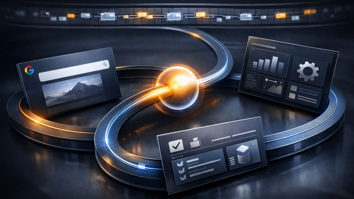 Editorial diagram-style illustration of an agent request passing through Google Search, custom tools, and a shared context loop.