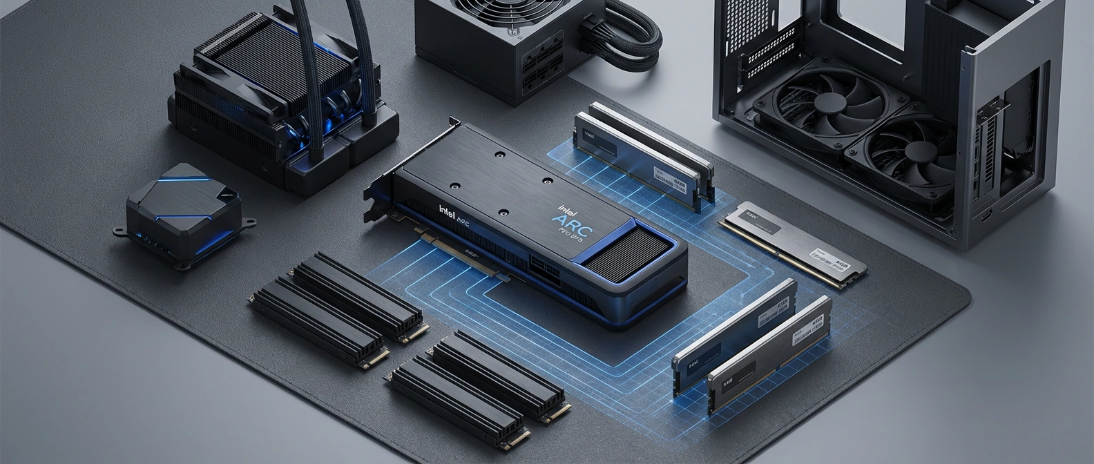 Editorial figure showing a workstation budget split across a sub-$1,000 GPU, CPU, storage, and power, with the GPU memory pool emphasized.