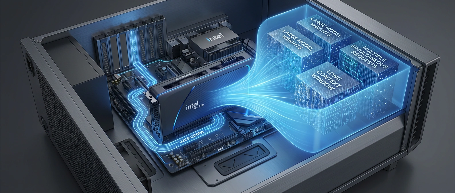 Editorial figure showing a local AI workstation where a single large GPU memory pool handles model weights, context, and concurrent requests.