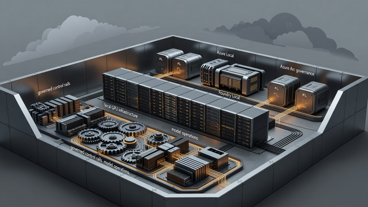 Editorial figure showing Azure Local, Foundry Local, and local GPU infrastructure operating inside one governed sovereign boundary.