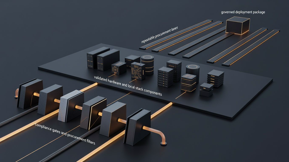 Diagram-style editorial figure showing how sovereignty requirements flow into approved hardware, local operations, and repeatable procurement lanes.