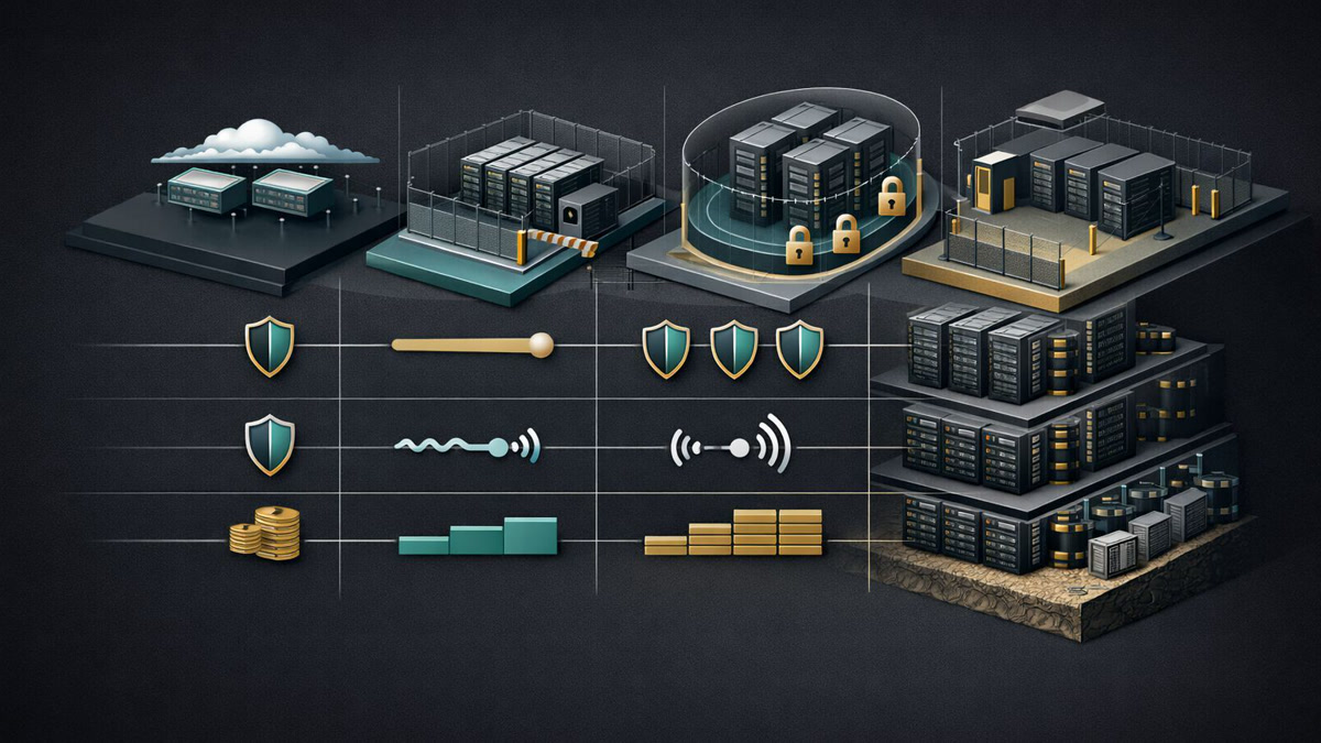 Editorial matrix comparing hosted APIs, managed deployment, private cloud, and self-hosted model deployment by control, compliance, and operational burden.