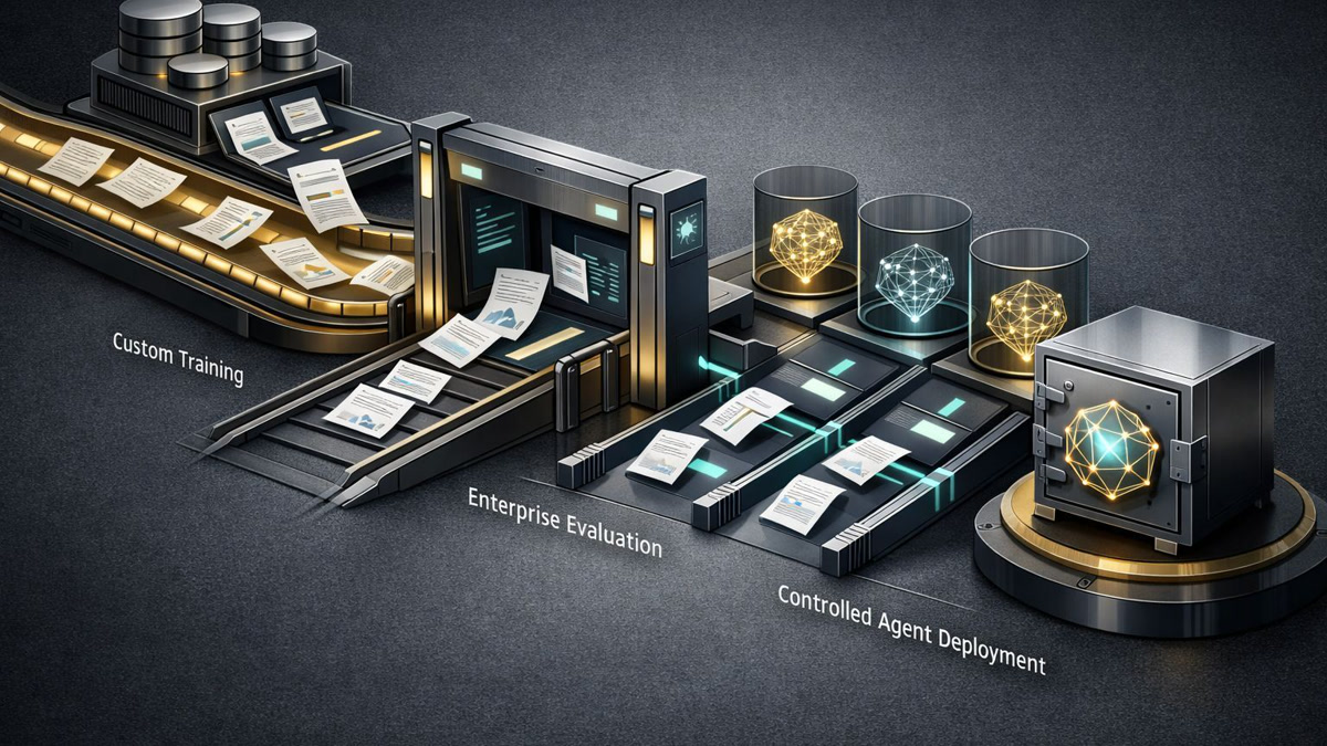 Editorial diagram showing proprietary enterprise data flowing through training, evaluation, and agent deployment into a model controlled by the organization.