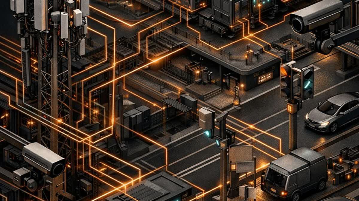 Square editorial detail showing a telecom-led AI grid extending from an edge tower into nearby compute sites, vehicles, and city sensors.