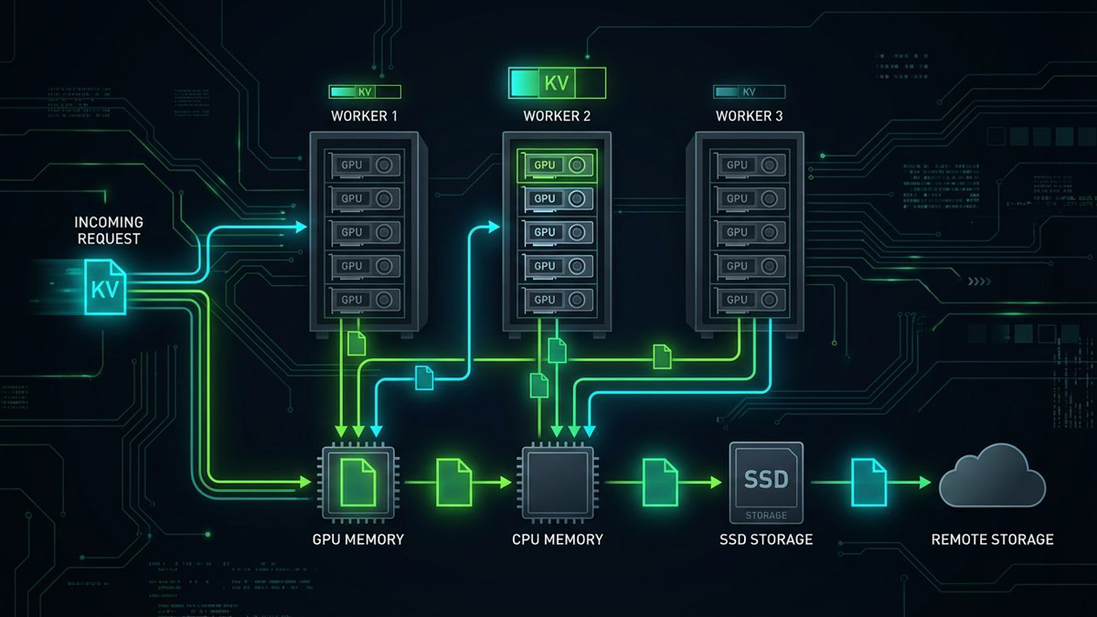 Editorial figure showing a request being routed to the worker with the best KV cache overlap, then spilling older cache blocks from GPU memory to cheaper storage tiers.