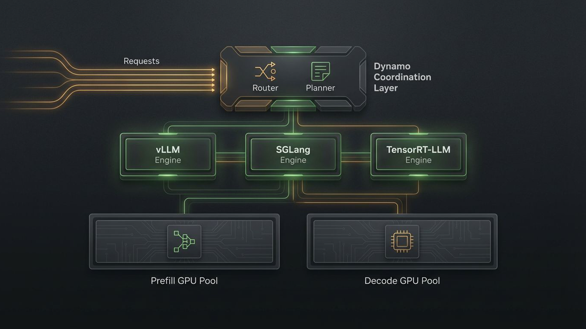 Diagram-style editorial illustration showing Dynamo above vLLM, SGLang, and TensorRT-LLM with request routing, planner logic, and separate prefill and decode GPU pools.